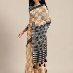 Anouk Yellow & White Checked Beads and Stones Pure Linen Saree-picture-32