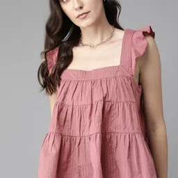 The Roadster Lifestyle Co Women Rose Solid Pure Cotton Seersucker Tiered A-Line Top-picture-14