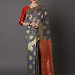 Mitera Grey & Gold-Toned Silk Blend Woven Design Kanjeevaram Saree-picture-13