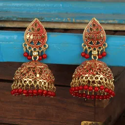 ANIKAS CREATION Red & Gold-Plated Dome Shaped Jhumkas-picture-32