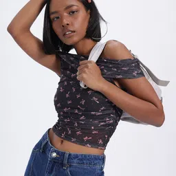 glitchez Bow Babe Ruched Off-Shoulder Mesh Crop Top image 1