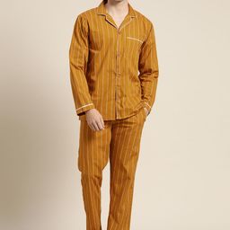 Hancock Men Mustard Yellow Pure Cotton Striped Pyjama Set-picture-37