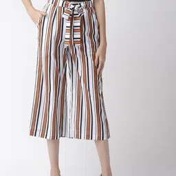 MISH Women White & Brown Comfort Loose Fit Striped Culottes-picture-29