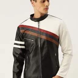 Leather Retail Men Black & White Colourblocked Lightweight Biker Jacket-picture-44