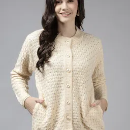Cayman Women Beige Cable Knit Woollen Cardigan-picture-26