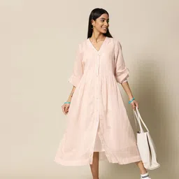 BOWER Women Pink & Beige Cotton Silk A-Line Pintuck Overlay with Pockets-picture-31