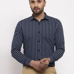 JAINISH Men Navy Blue & White Slim Fit Striped Formal Shirt-image-55