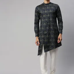 Manyavar Men Navy Blue & Beige Floral Printed Straight Kurta-picture-31