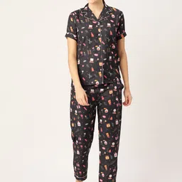 bedgasm Women Black & Brown Printed Night suit with Eye Mask-image-44