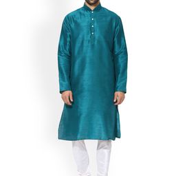KISAH Men Teal & White Solid Kurta with Churidar-picture-24