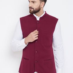 Hypernation Men Maroon Solid Pure Cotton Nehru Jacket-picture-11