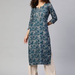 PIROH Women Blue Floral Printed Gotta Patti Kurta-picture-4