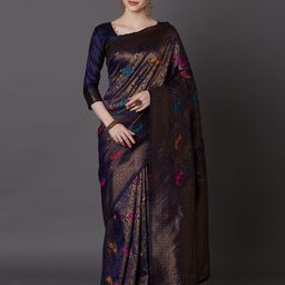 Mitera Navy Blue & Gold-Coloured Silk Blend Woven Design Kanjeevaram Saree-picture-28