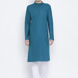 NAMASKAR Men Blue & White Solid Kurta with Churidar-image-33