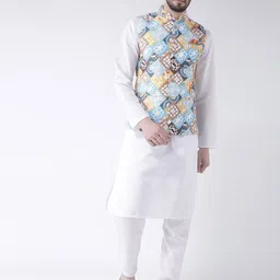 Hangup Men White & Multicoloured Solid Kurta with Pyjamas and Nehru Jacket-picture-26