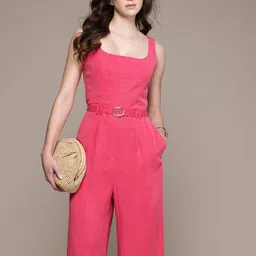 MANGO Solid Square Neck Sleeveless Belted Basic Jumpsuit-picture-8