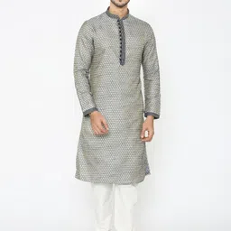 Manyavar Men Blue & Off-White Self Design Kurta with Pyjamas-picture-14