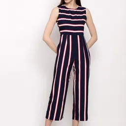 Slenor Women Navy Blue & Pink Striped Capri Jumpsuit-image-91