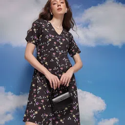 CORSICA Floral Print Knee Length Buttoned A-Line Dress-picture-19