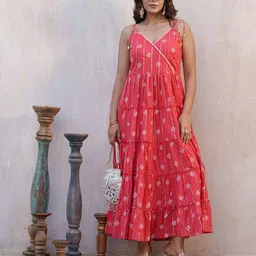 Sangria Printed Cotton A-Line Shoulder Straps V-Neck Dress-picture-20