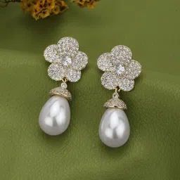 Carlton London Premium Gold Plated CZ Dangling Pearl Floral Drop Earring-picture-16