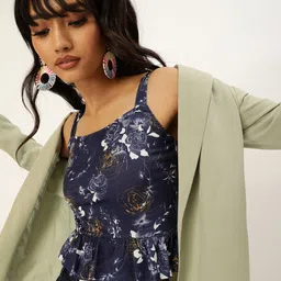 Veni Vidi Vici Navy Blue & White Floral Printed A-Line Pleated Crop Top-picture-24