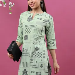 Vishudh Green Floral Printed Notch Neck Straight Kurta-image-19