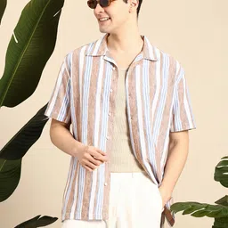 Mast & Harbour Men Striped Cuban Collar Relaxed Fit Casual Shirt-picture-31