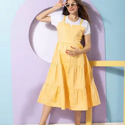 EASY MOM Cotton Maternity Tiered Pinafore Midi Dress-picture-15