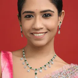 Fida Silver-Plated Green Stone Studded Jewellery Set-image-32