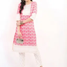Vishudh Women Pink & White Ethnic Motifs Printed Kurta-image-91
