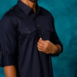 VASTRAMAY Men Blue Solid Pathani Kurta with Pyjamas image 5