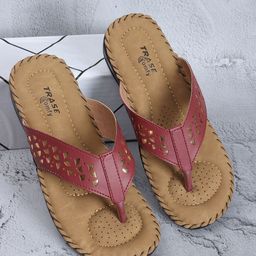 TRASE Women Maroon Laser Cut Open Toe Flats-picture-48