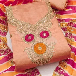 BlissFlair Floral Embroidered Sequinned Chanderi Silk Unstitched Dress Material image 2