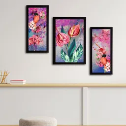 eCraftIndia Set of 3 Multicoloured Satin Matt Texture Floral UV Wall Art image 2