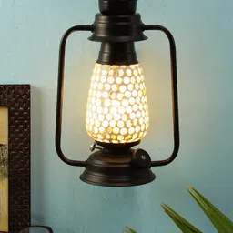 Devansh White & Gold-Toned Textured Mosaic Glass Traditional Wall Lantern image 2