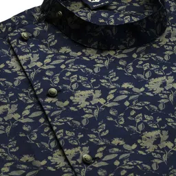 Manyavar Men Navy Blue & Beige Floral Printed Straight Kurta image 3