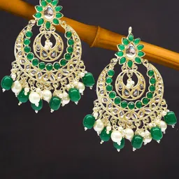 OOMPH Green & Off White Floral Chandbalis Earrings-picture-29