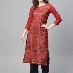 AHIKA Women Maroon & Beige Printed Straight Kurta image 2