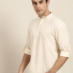 SOJANYA Men Cream-Coloured Solid Straight Kurta image 4