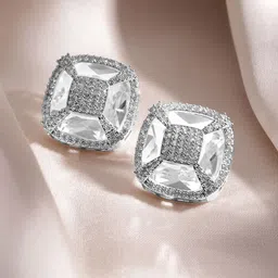 Rubans Rhodium-Plated White Cubic Zirconia Studded Geometric Stud Earrings image 3