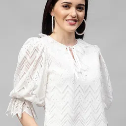 Athena White Tie-Up Neck Puff Sleeves Lace Top image 2