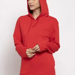 DOOR74 Women Red Solid Hooded Sweatshirt image 4