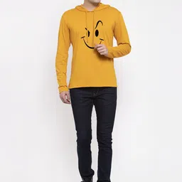 Friskers Men Mustard Yellow Printed Hood T-shirt image 5