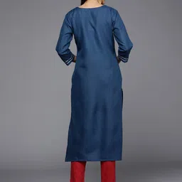 Varanga Women Blue Floral Embroidered Thread Work Indigo Kurta image 4