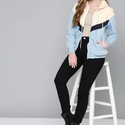 Chemistry Women Blue & Cream-Coloured Colourblocked Hooded Sweatshirt-picture-30