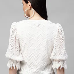 Athena White Tie-Up Neck Puff Sleeves Lace Top image 3
