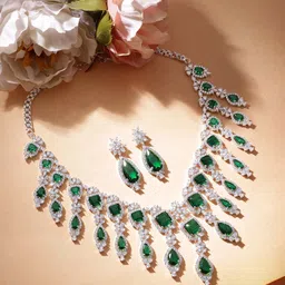 Rubans Premium Rhodium Plated AAA Cubic Zirconia & Emerald Studded Necklace Set image 2
