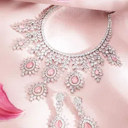 rubans RubansSilver Plated Pink Gemstone & AAA Cubic Zirconia Studded Floral Design Jewellery Set-picture-35