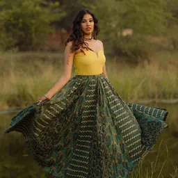 anayna Green & Beige Printed Pure Cotton Maxi Flared Skirt-picture-6